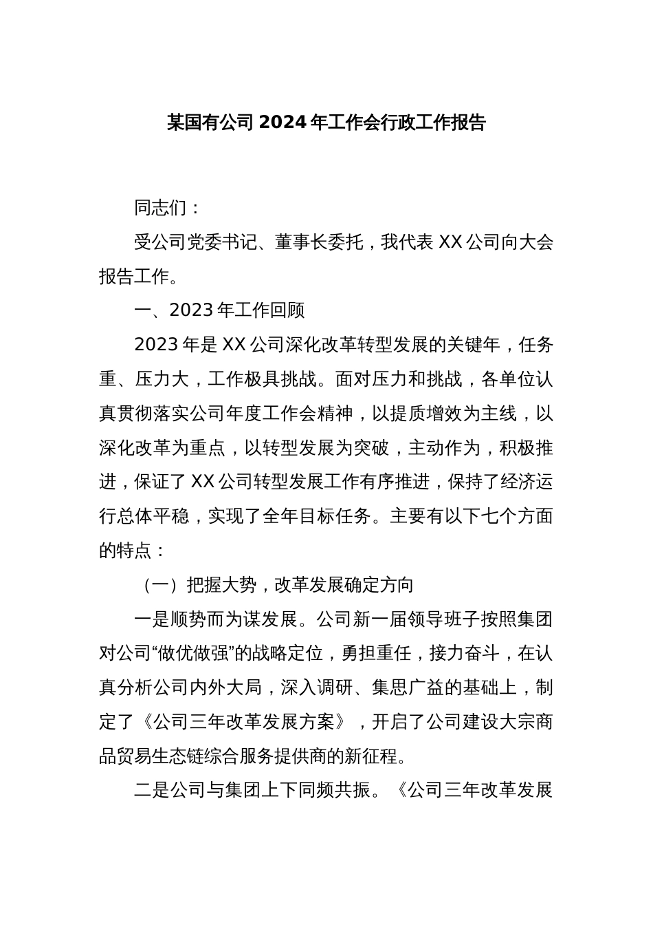 某国有公司2024年工作会行政工作报告_第1页