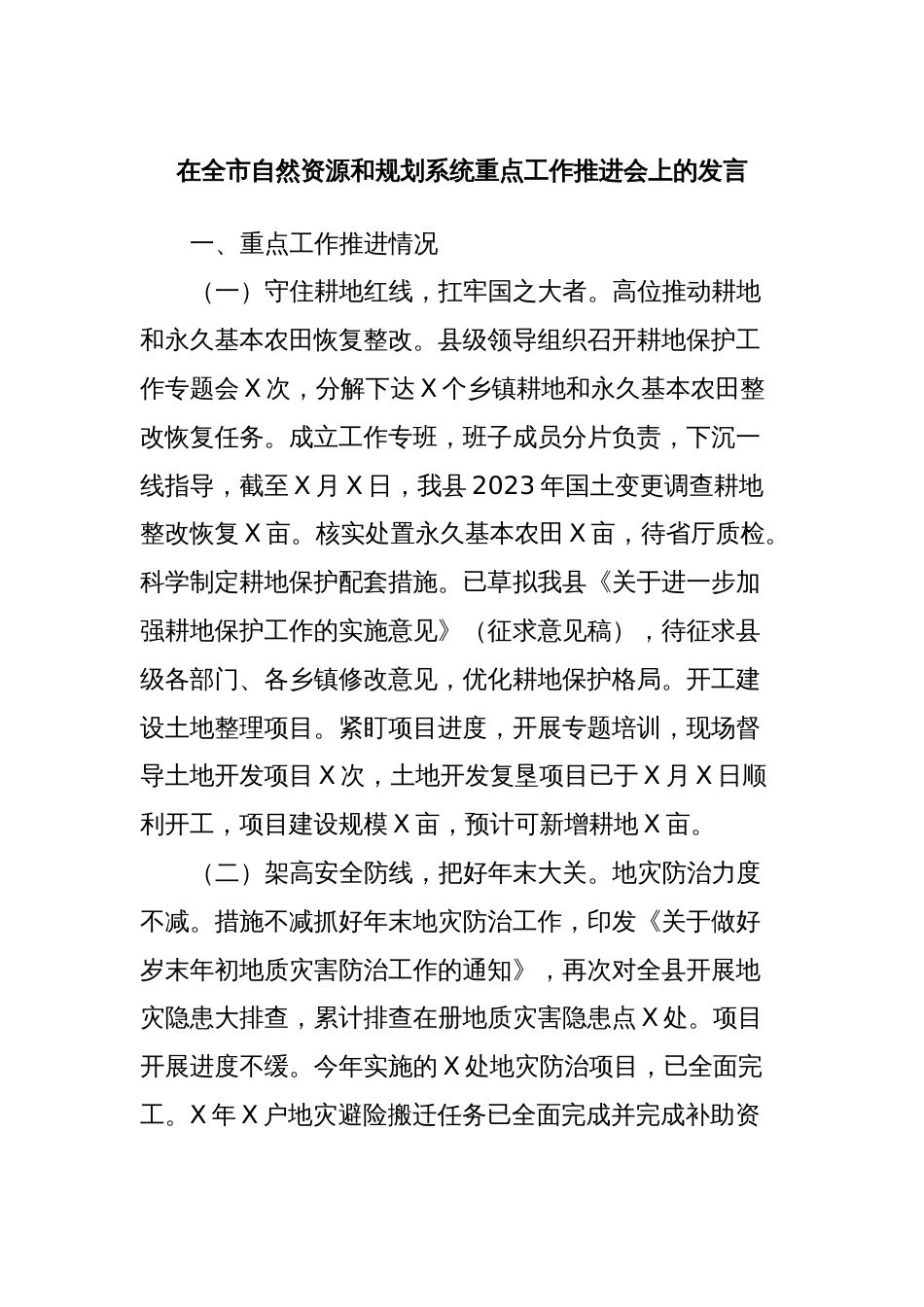 在全市自然资源和规划系统重点工作推进会上的发言 (2)_第1页