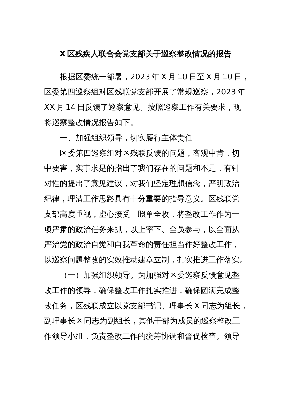 X区残疾人联合会党支部关于巡察整改情况的报告_第1页