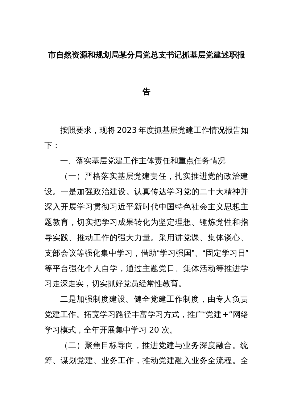 市自然资源和规划局某分局党总支书记抓基层党建述职报告_第1页