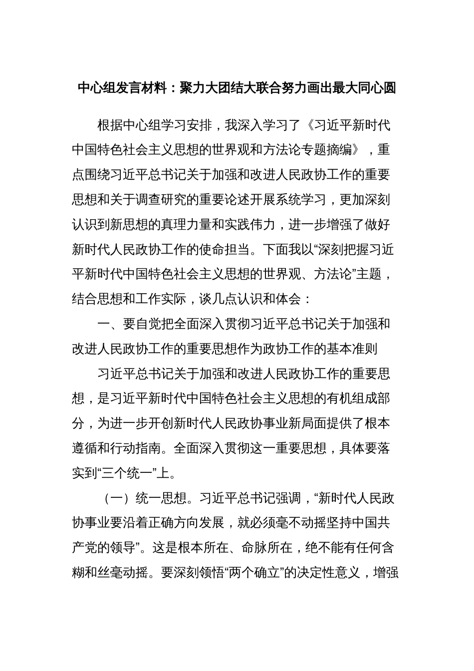 中心组发言材料：聚力大团结大联合努力画出最大同心圆_第1页