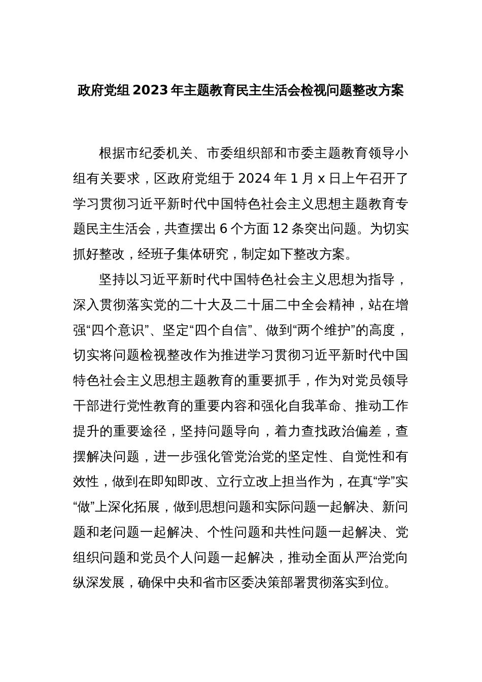 政府党组2023年主题教育民主生活会检视问题整改方案._第1页