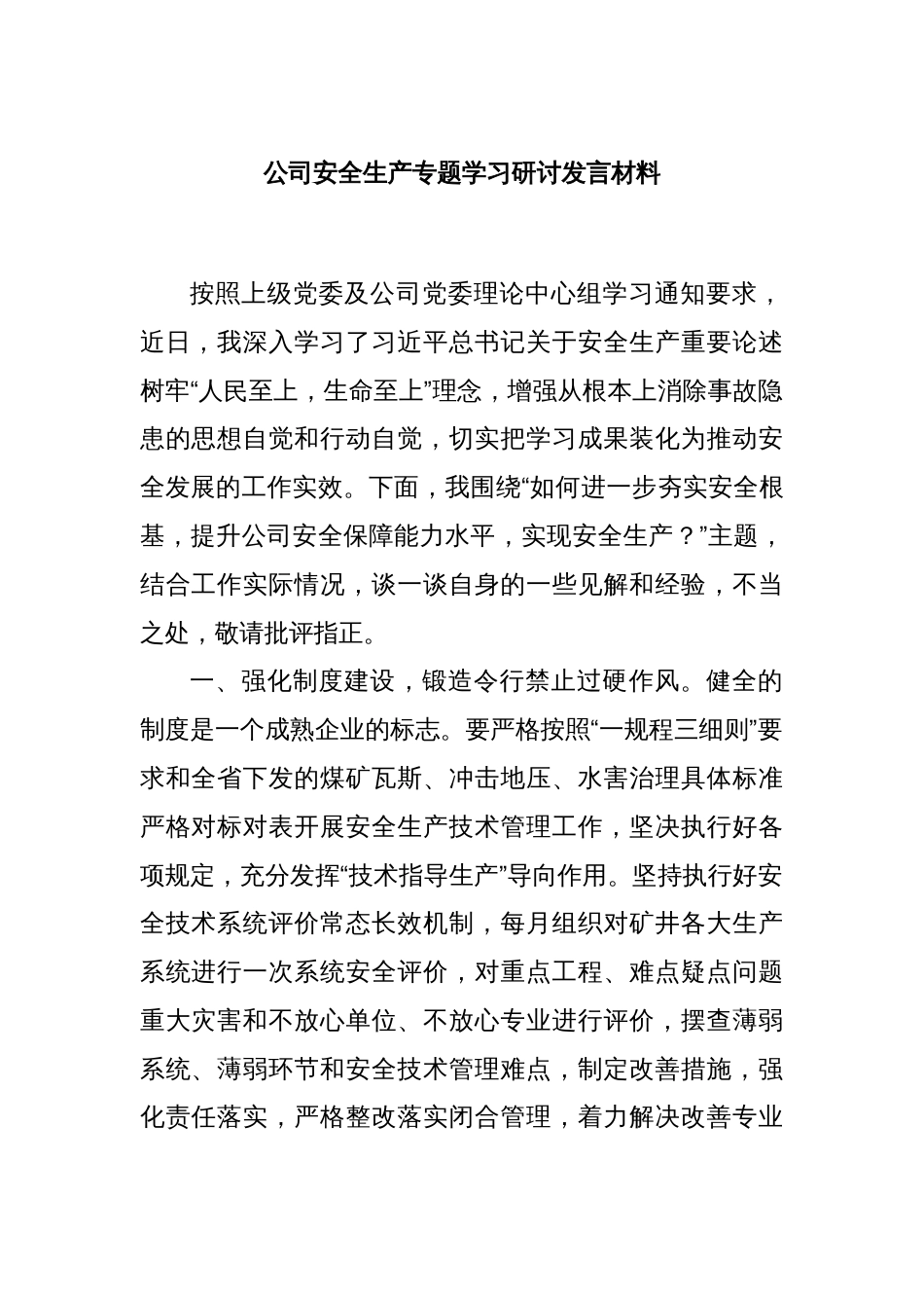 公司安全生产专题学习研讨发言材料_第1页