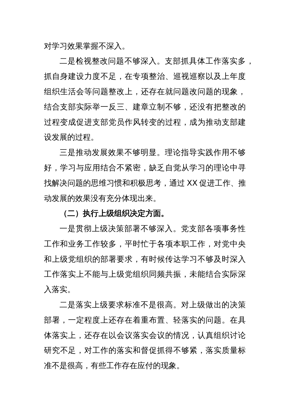 党支部班子2023年度专题组织生活会对照检查材料（开展主题教育+执行上级组织决定+严格组织生活+党员教育管理监督+联系服务群众+自身建设）_第2页