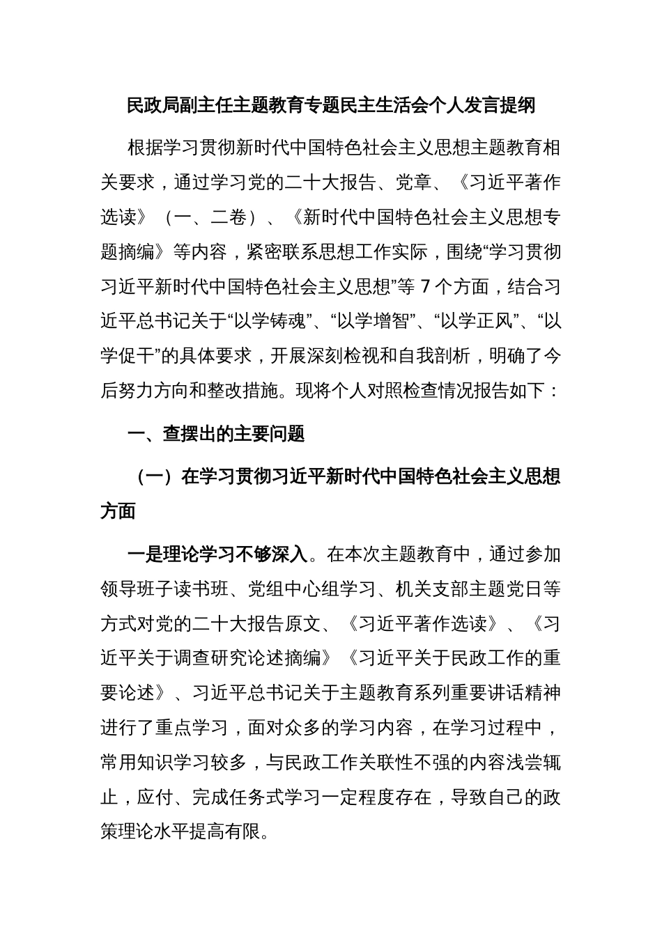 民政局副主任主题教育专题民主生活会个人发言提纲_第1页