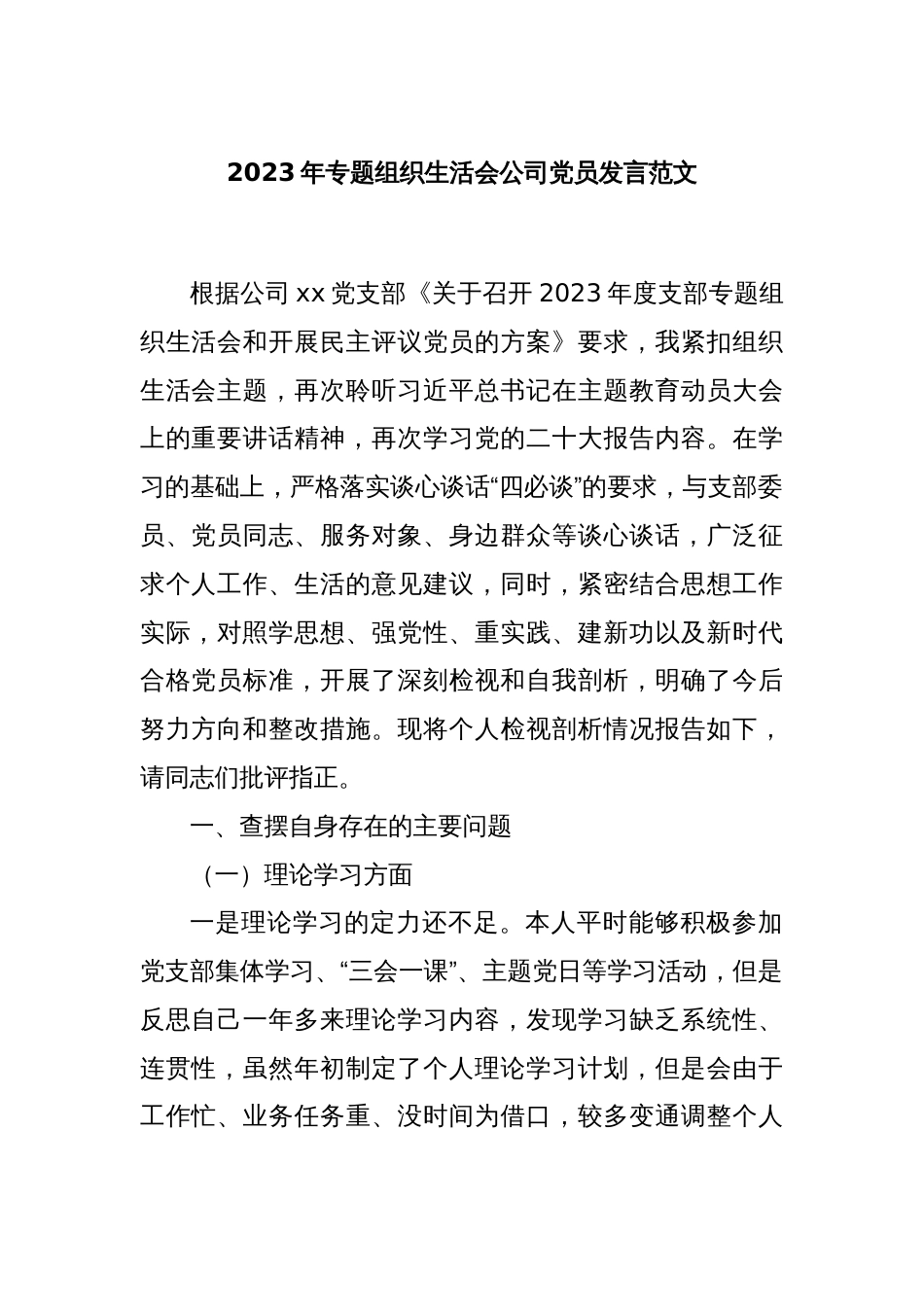 2023年专题组织生活会公司党员发言范文_第1页
