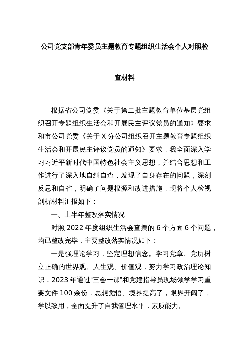 公司党支部青年委员主题教育专题组织生活会个人对照检查材料_第1页