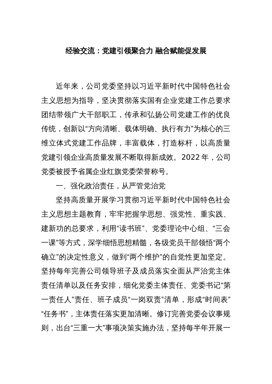 经验交流：党建引领聚合力 融合赋能促发展_第1页