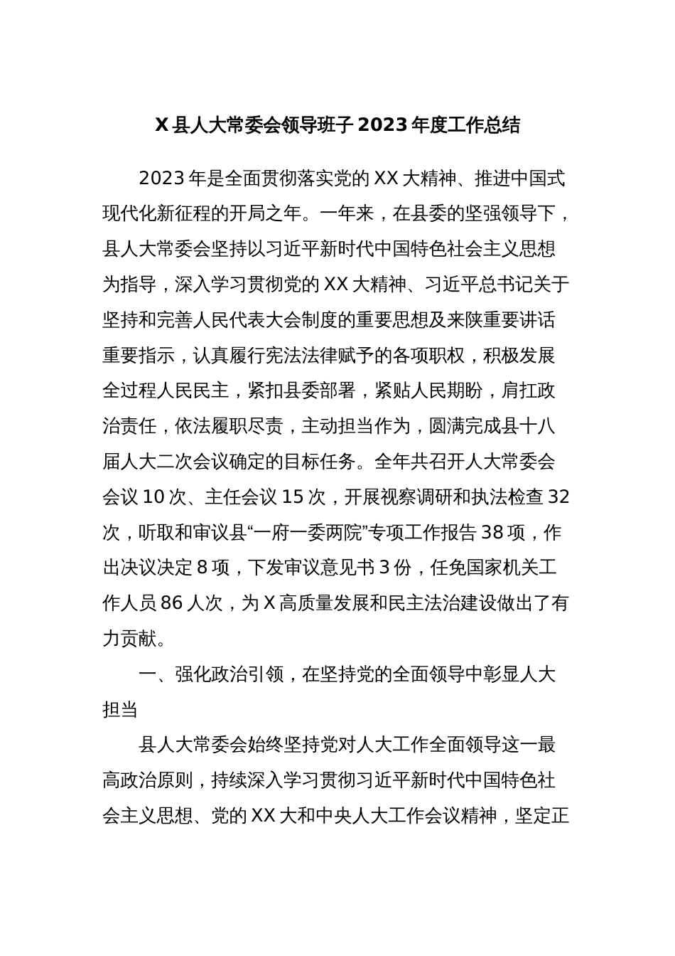 X县人大常委会领导班子2023年度工作总结_第1页