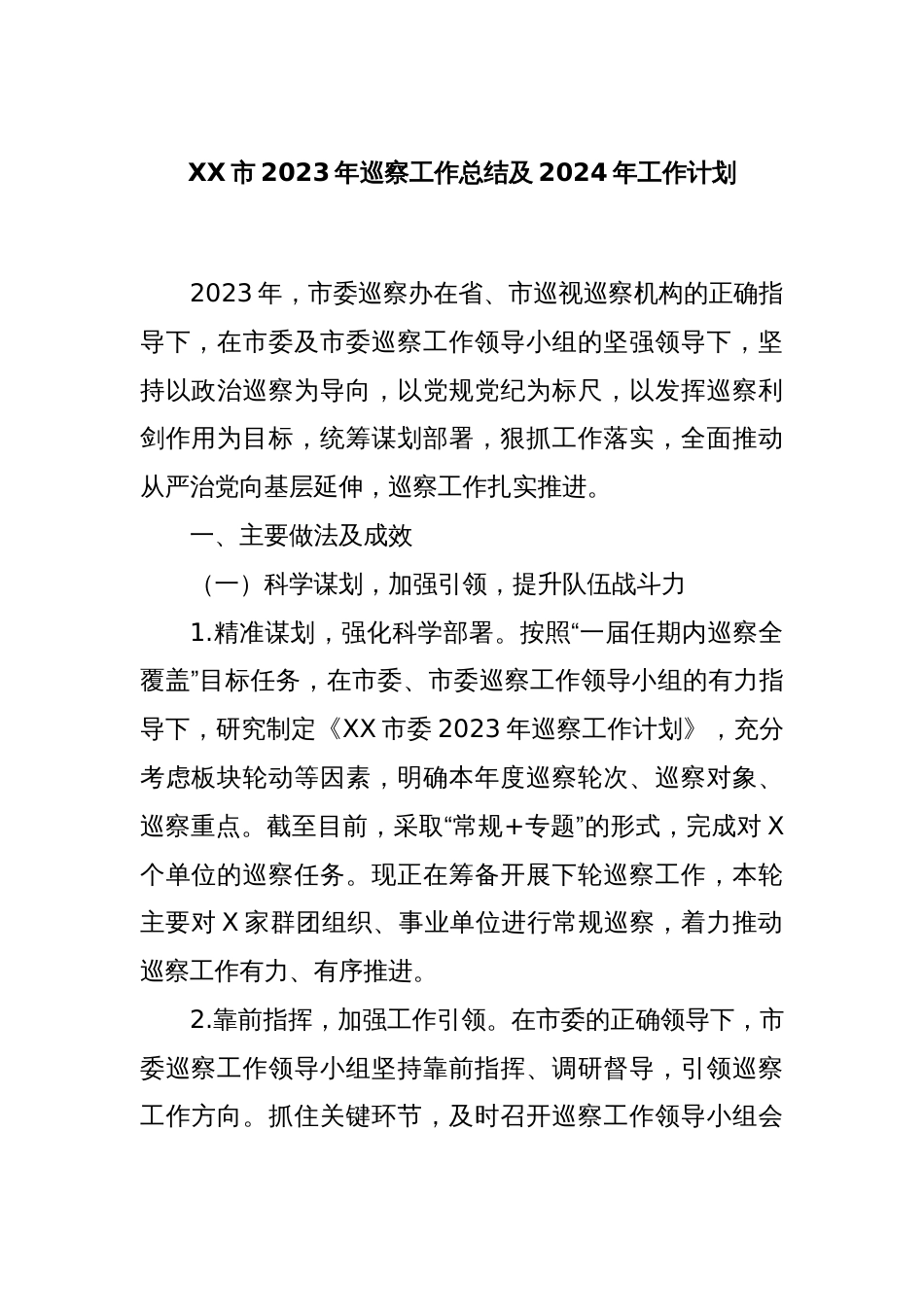 XX市2023年巡察工作总结及2024年工作计划_第1页