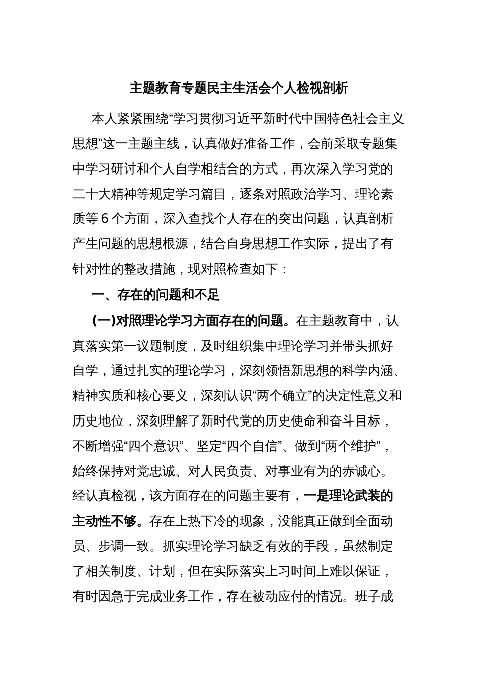 主题教育专题民主生活会个人检视剖析_第1页
