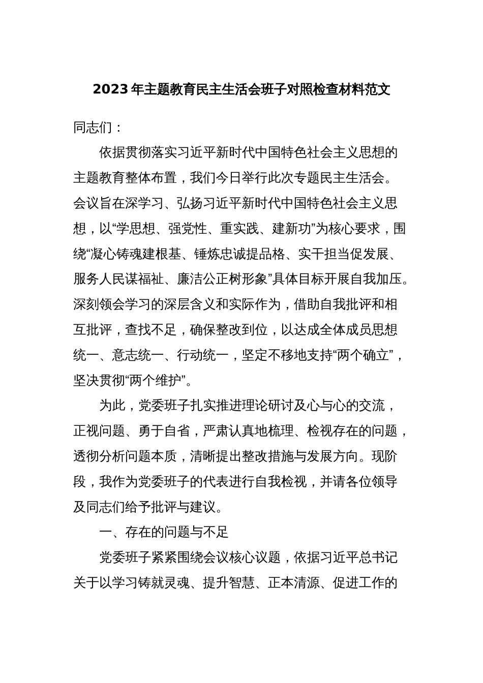 2023年主题教育民主生活会班子对照检查材料范文_第1页