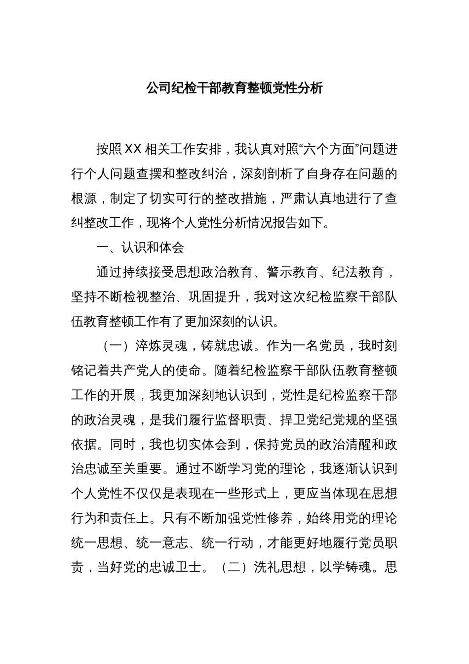 公司纪检干部教育整顿党性分析_第1页