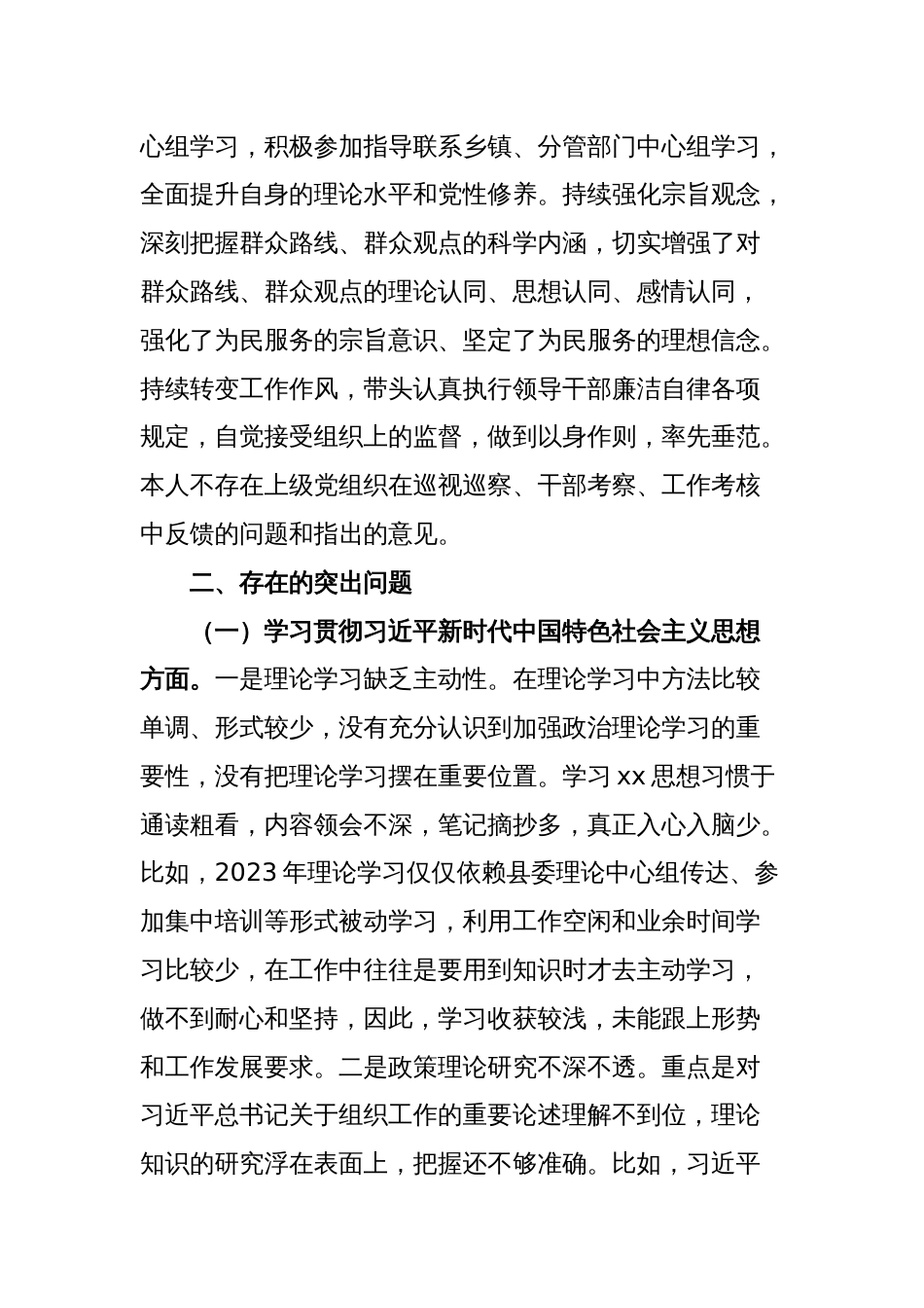 2023年主题教育专题民主生活会个人对照检查  组织部长（践行宗旨等6个方面+案例剖析+上年度整改+个人事项）_第2页