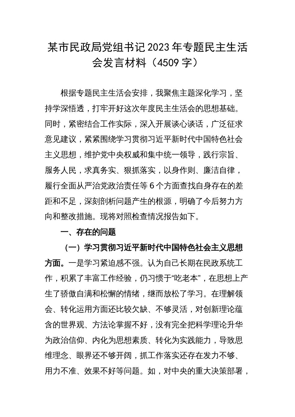 2023年主题教育专题民主生活会个人对照检查  民政（践行宗旨等6个方面+案例剖析+上年度整改+个人事项）_第1页