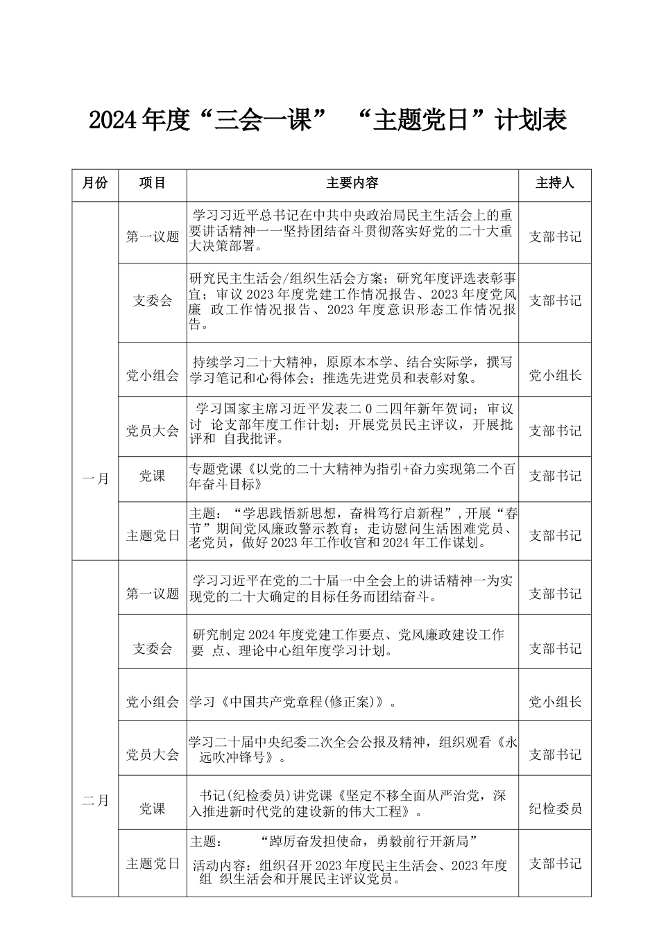 (会员专享)2024年度“三会一课”“主题党日“计划表_第1页