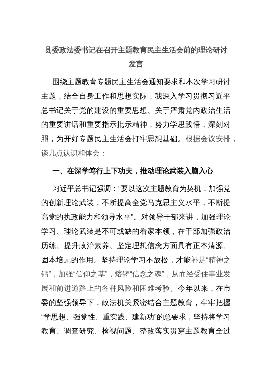 县委政法委书记在召开主题教育民主生活会前的理论研讨发言_第1页