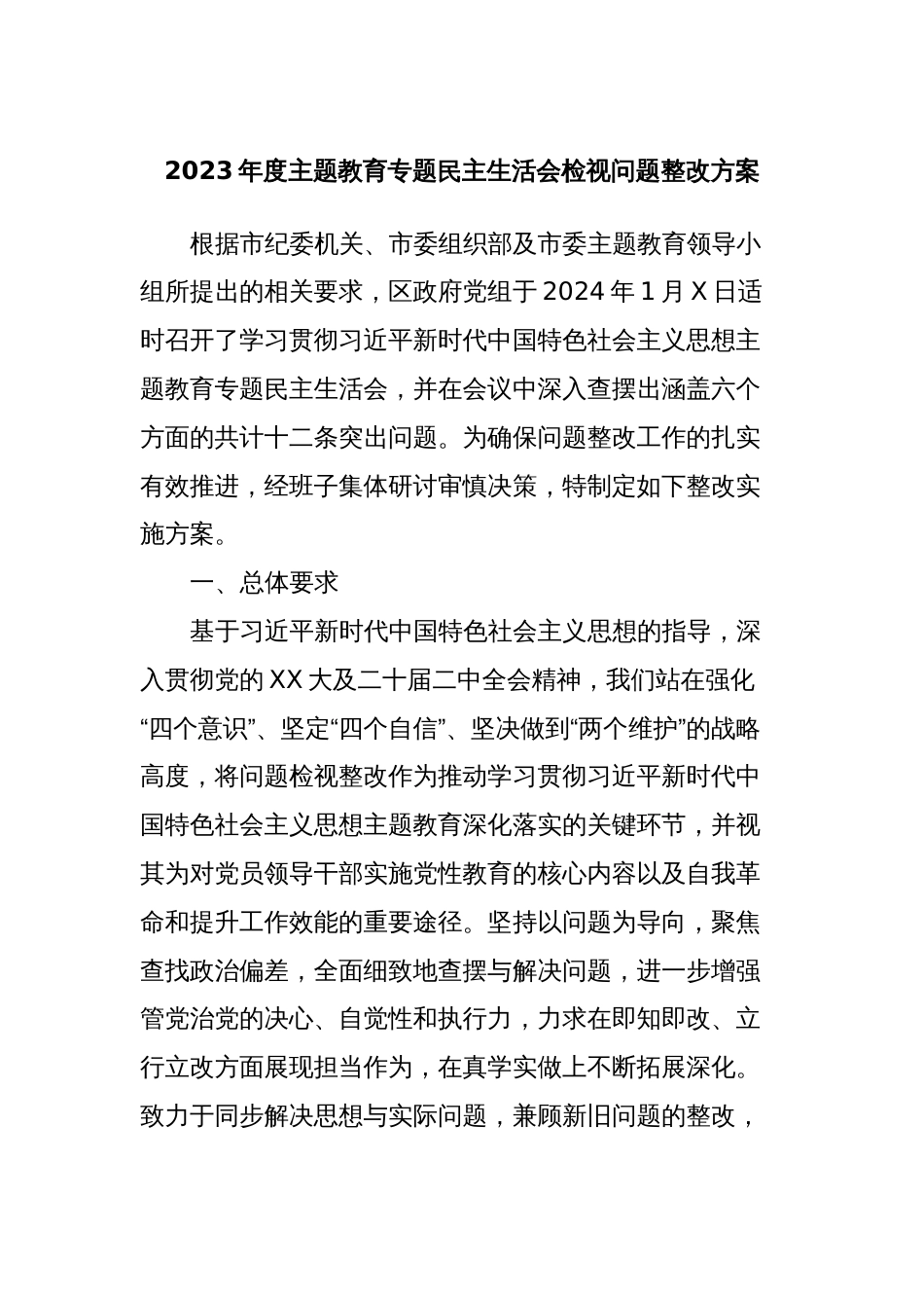 2023年度主题教育专题民主生活会检视问题整改方案_第1页