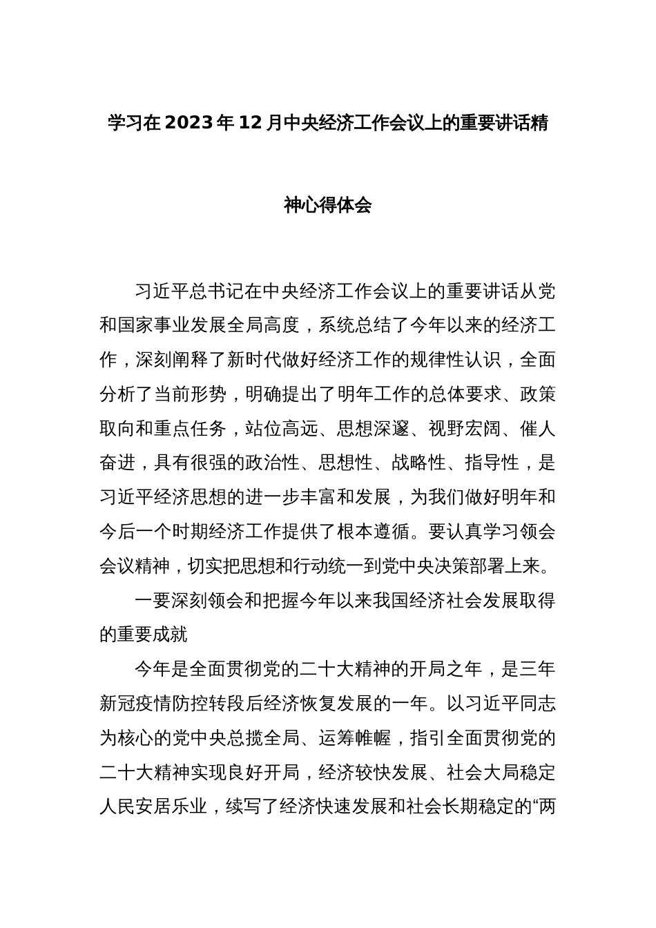 学习在2023年12月中央经济工作会议上的重要讲话精神心得体会_第1页