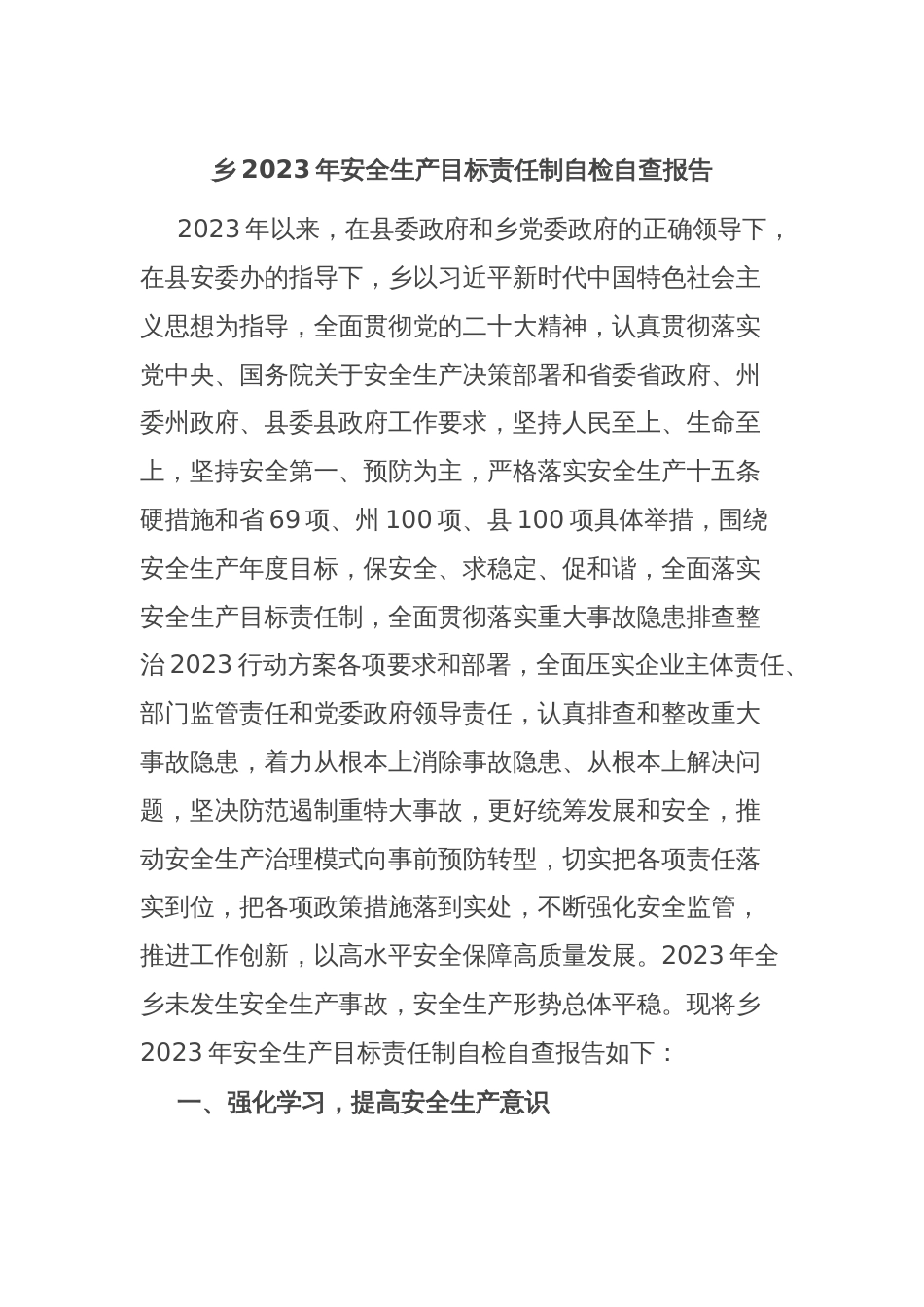 乡2023年安全生产目标责任制自检自查报告_第1页