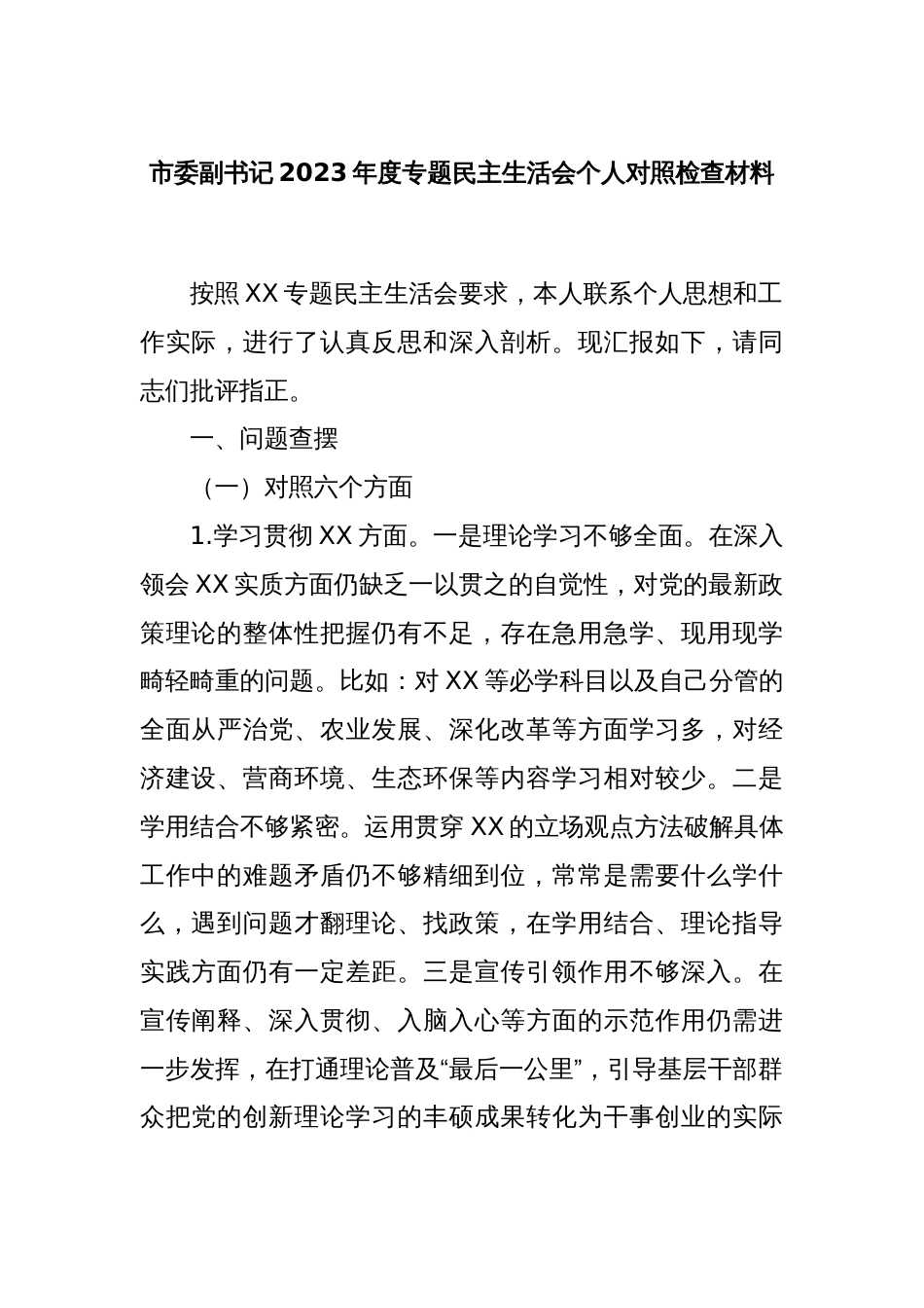 市委副书记2023年度专题民主生活会个人对照检查材料_第1页