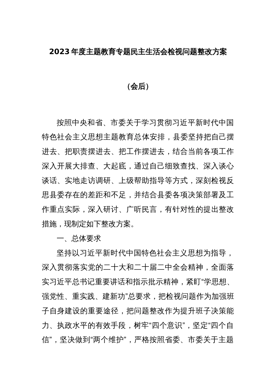 2023年度主题教育专题民主生活会检视问题整改方案（会后）_第1页