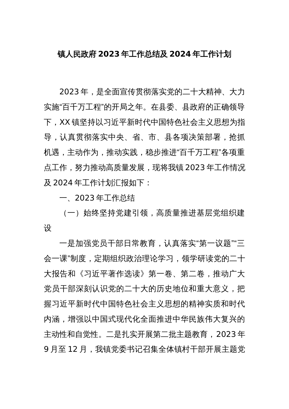 镇人民政府2023年工作总结及2024年工作计划_第1页