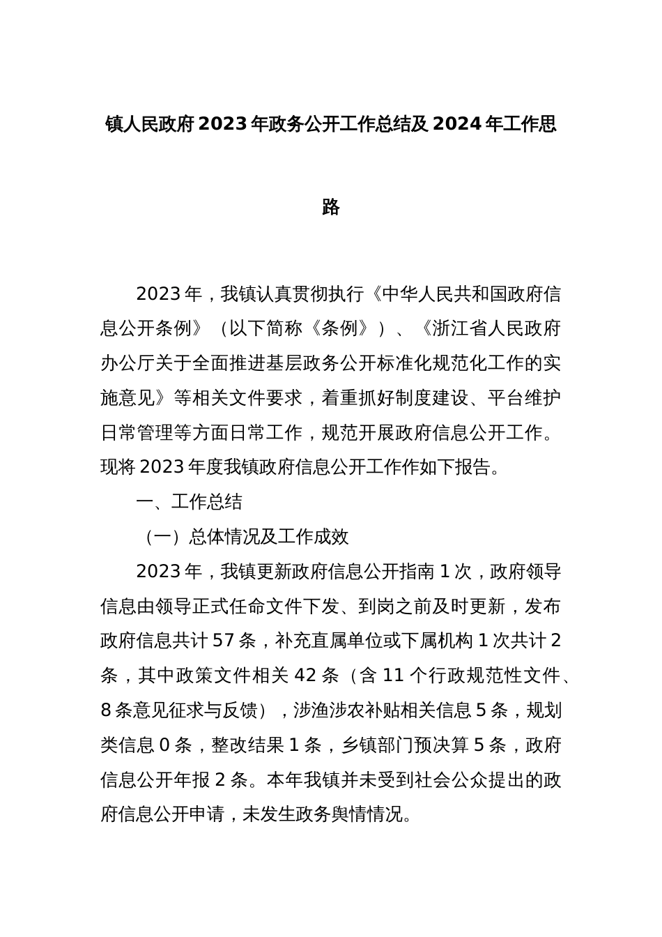 镇人民政府2023年政务公开工作总结及2024年工作思路_第1页