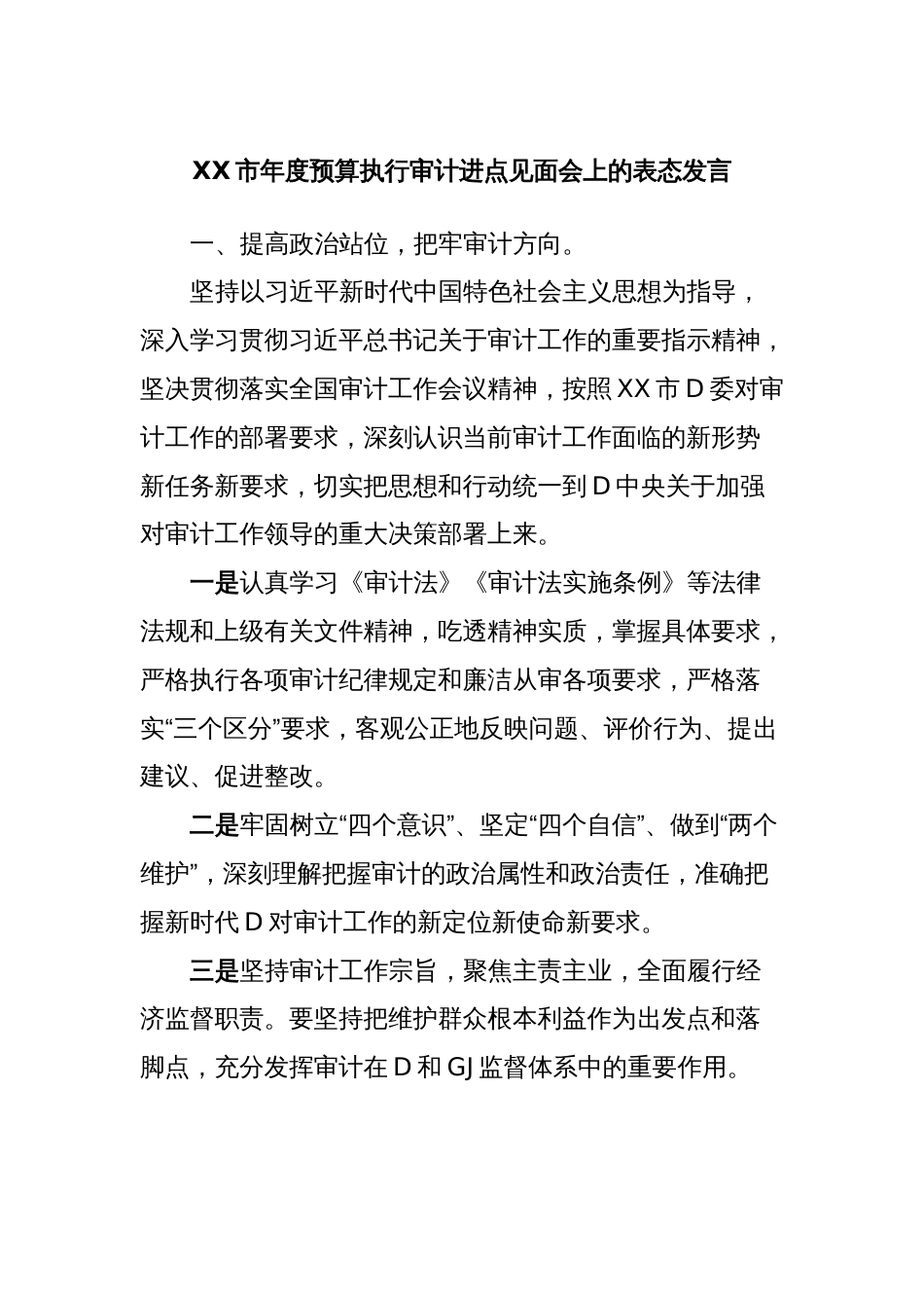 XX市年度预算执行审计进点见面会上的表态发言_第1页