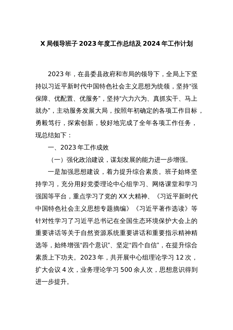 X局领导班子2023年度工作总结及2024年工作计划_第1页