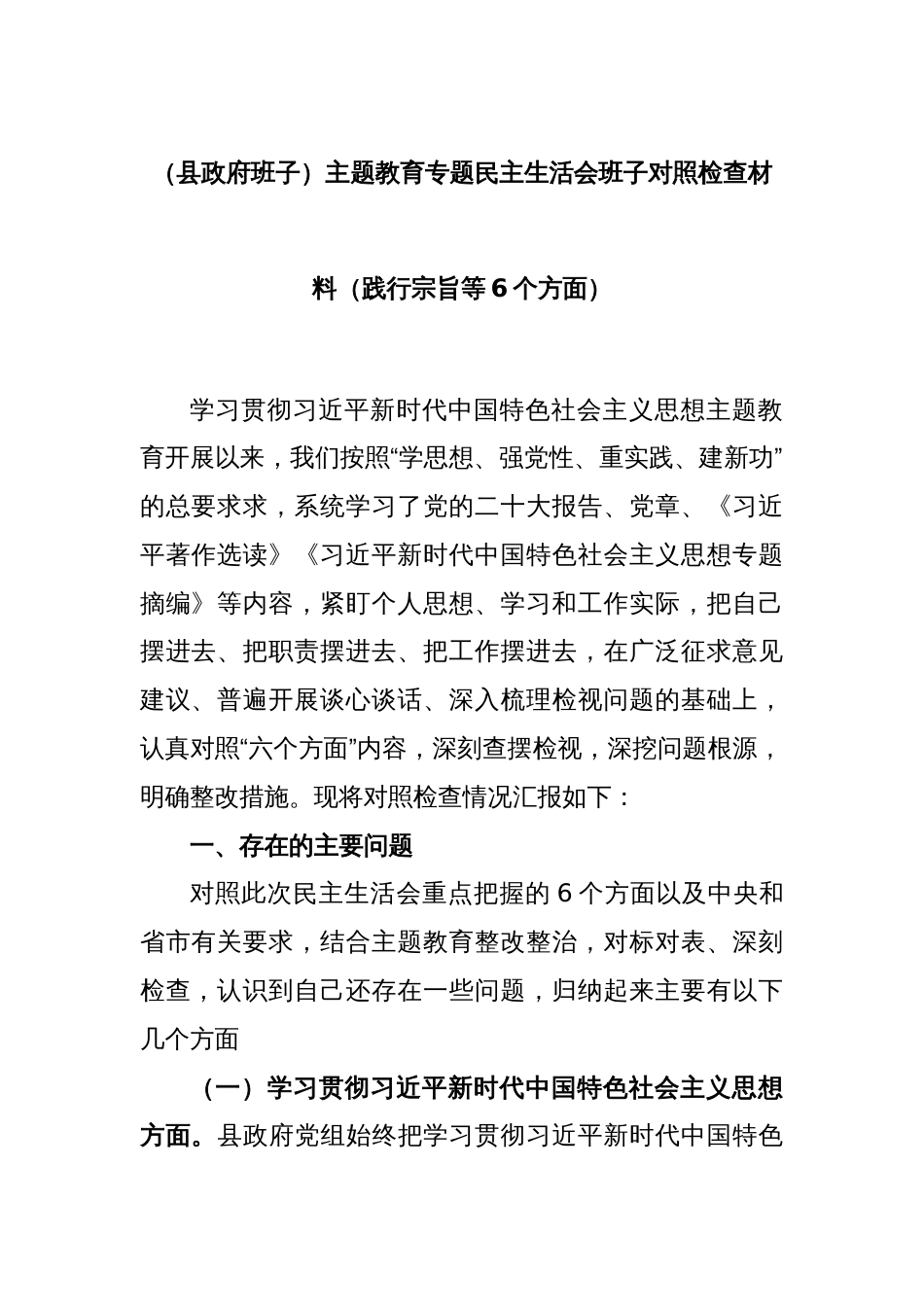 (县政府班子)主题教育专题民主生活会班子对照检查材料（践行宗旨等6个方面）_第1页