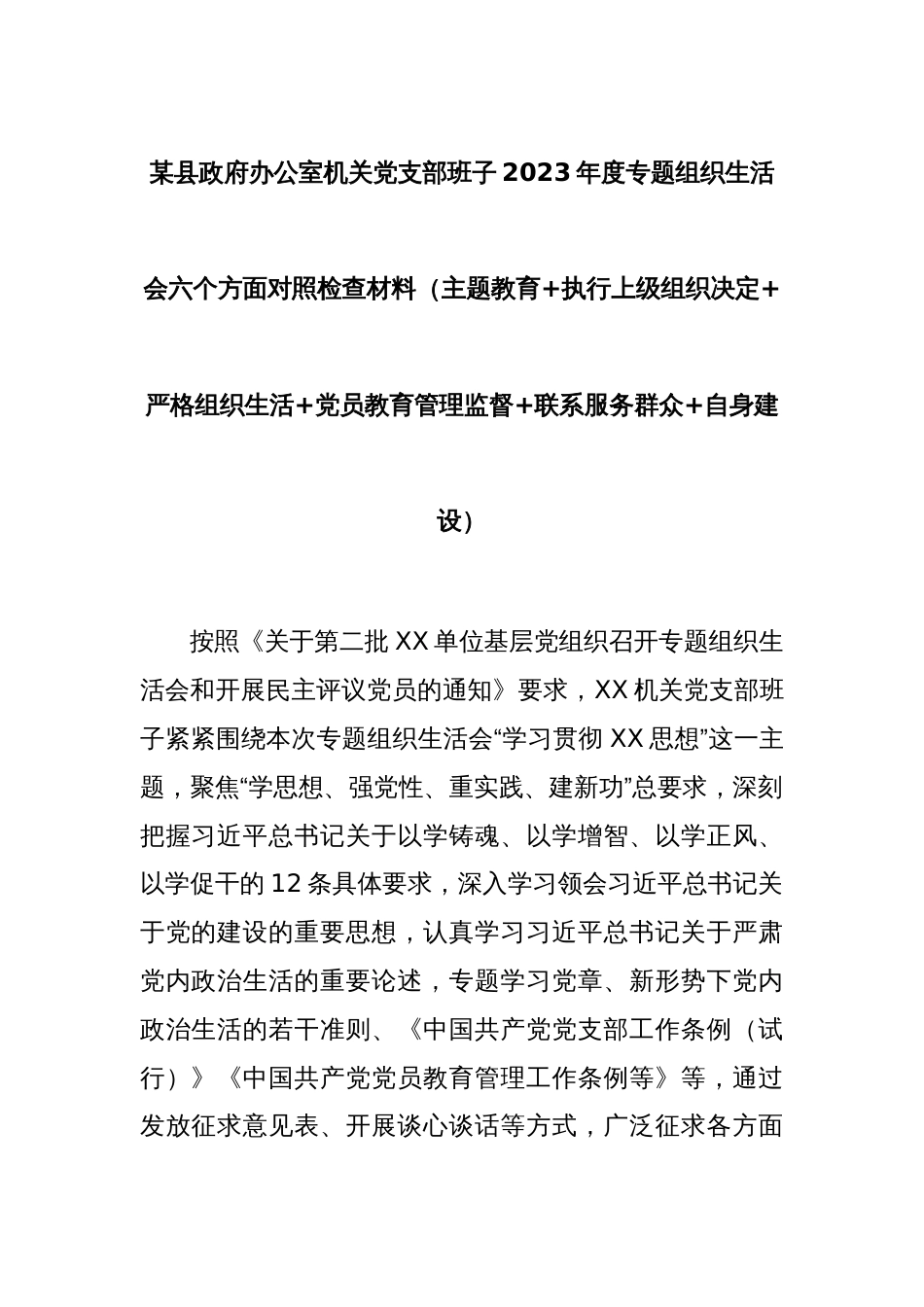 某县政府办公室机关党支部班子2023年度专题组织生活会六个方面对照检查材料（主题教育+执行上级组织决定+严格组织生活+党员教育管理监督+联系服务群众+自身建设）_第1页