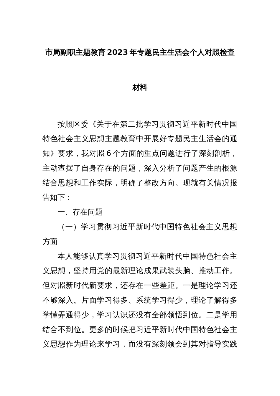 市局副职主题教育2023年专题民主生活会个人对照检查材料_第1页