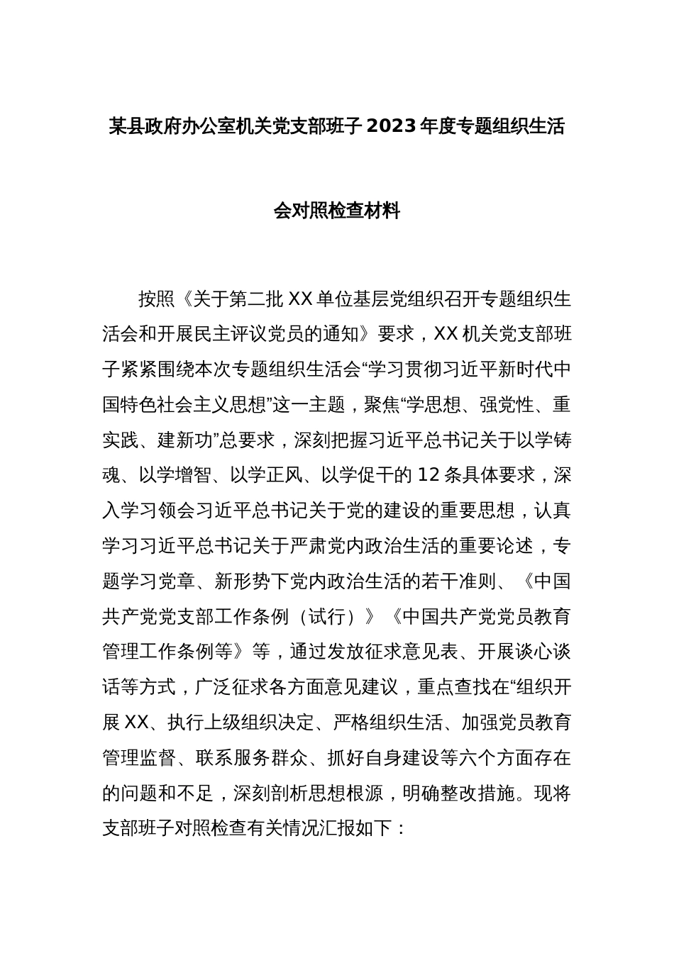 某县政府办公室机关党支部班子2023年度专题组织生活会对照检查材料_第1页