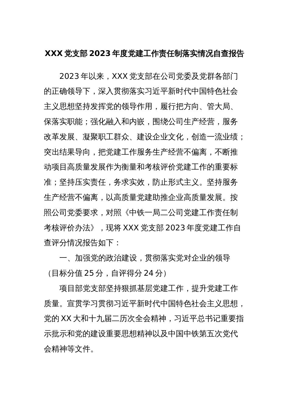 XXX党支部2023年度党建工作责任制落实情况自查报告_第1页