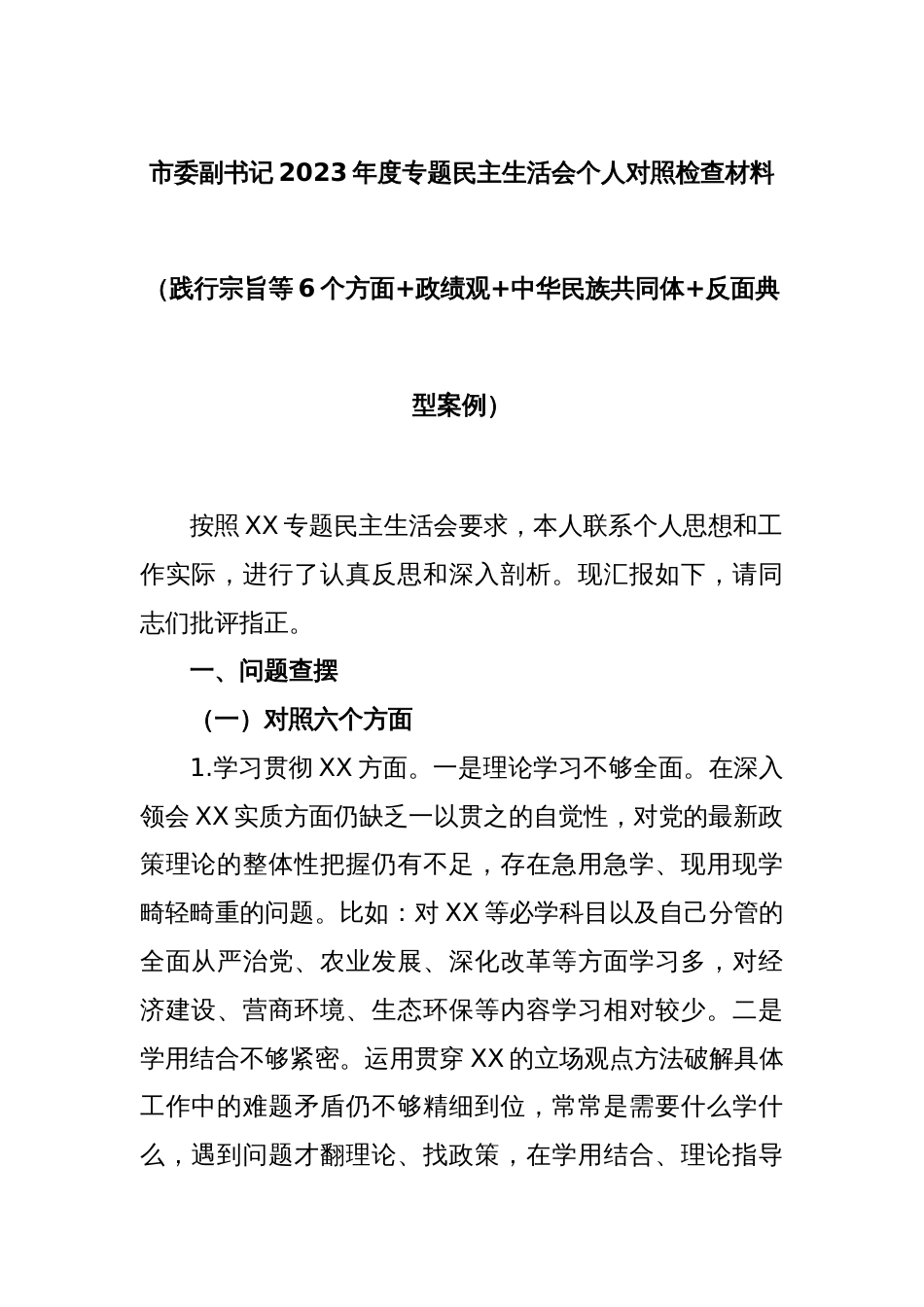 市委副书记2023年度专题民主生活会个人对照检查材料（践行宗旨等6个方面+政绩观+中华民族共同体+反面典型案例）_第1页