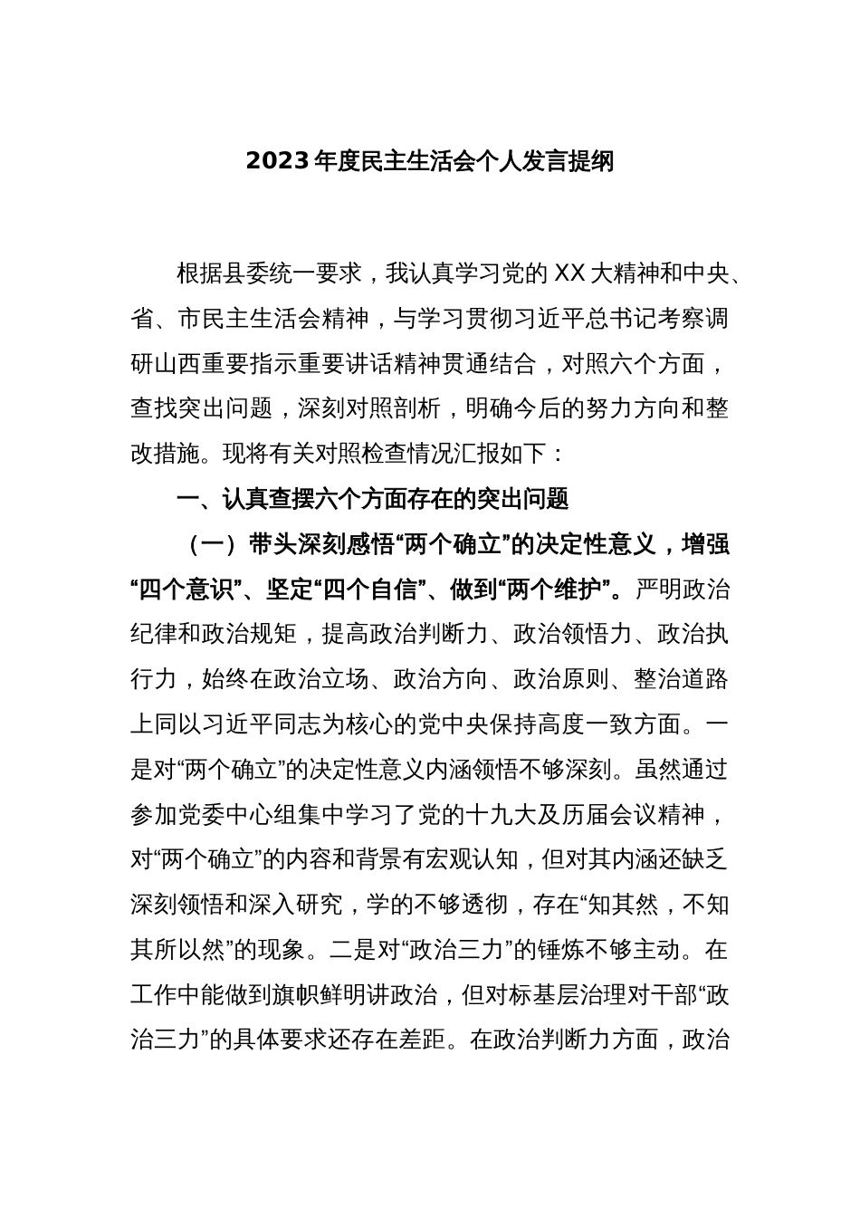 2023年度民主生活会个人发言提纲_第1页