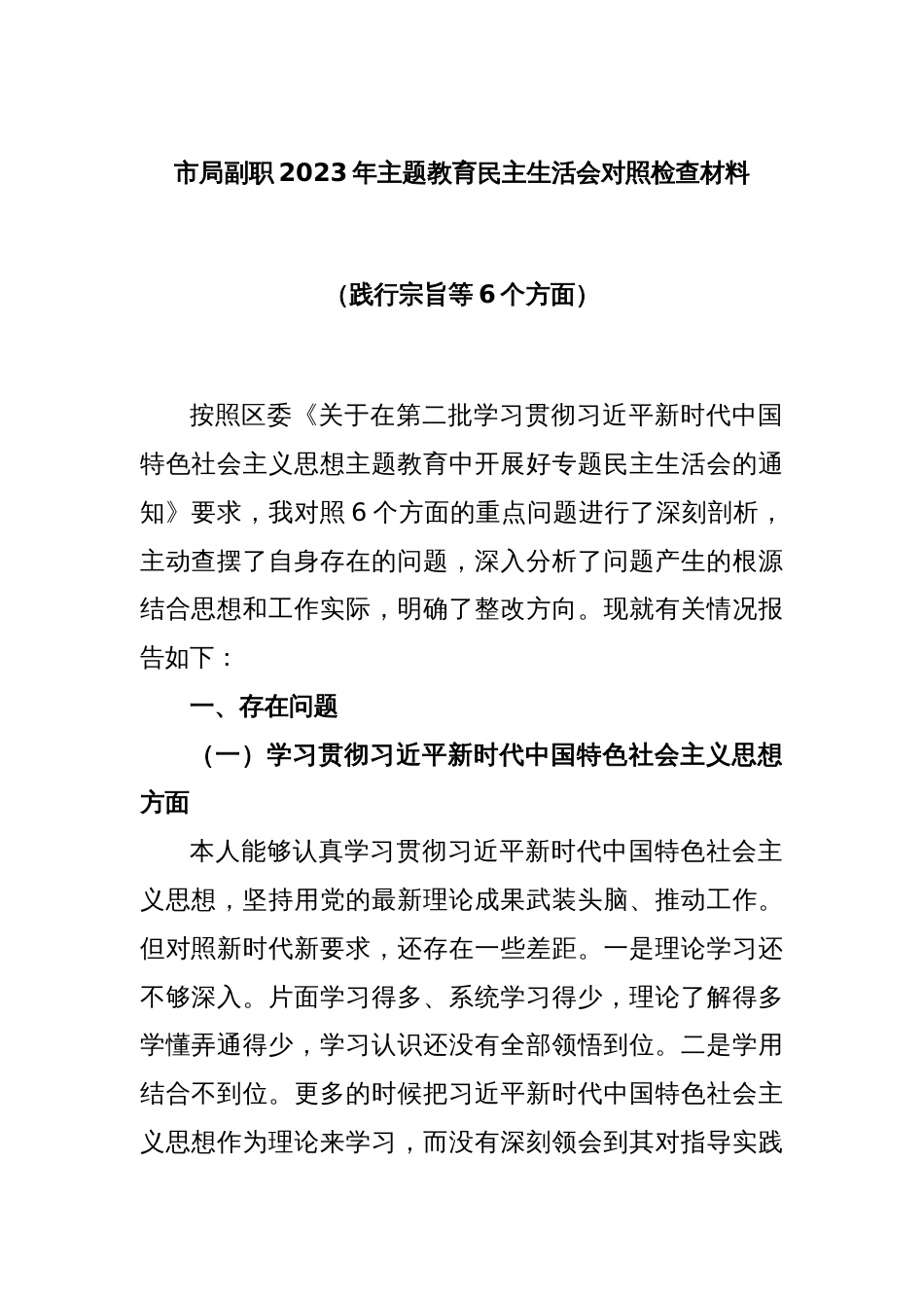 市局副职2023年主题教育民主生活会对照检查材料（践行宗旨等6个方面）_第1页