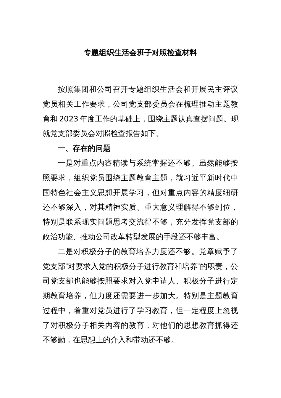 专题组织生活会班子对照检查材料_第1页