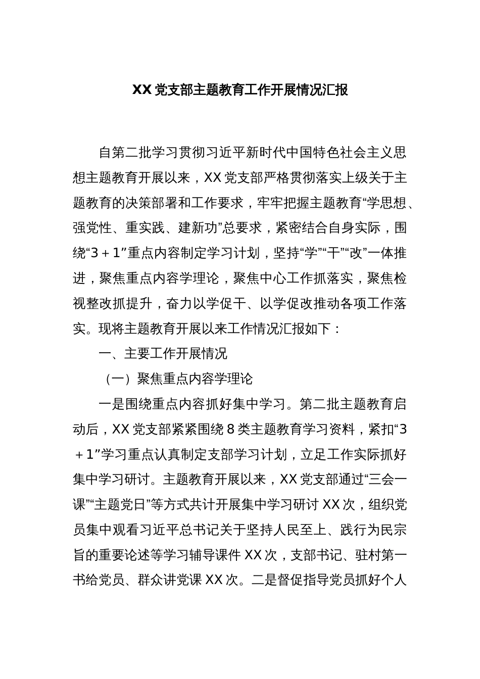 XX党支部主题教育工作开展情况汇报_第1页