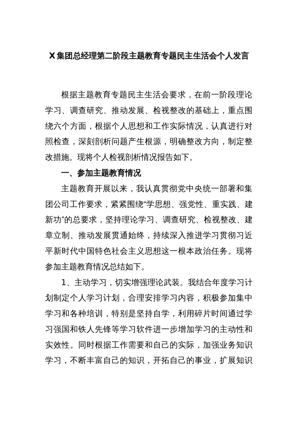 X集团总经理第二阶段主题教育专题民主生活会个人发言_第1页