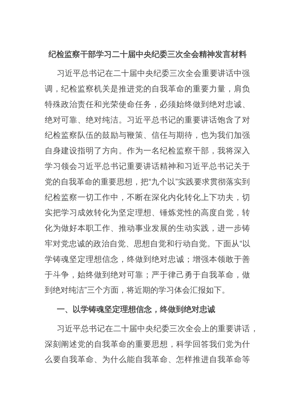 纪检监察干部学习二十届中央纪委三次全会精神发言材料_第1页