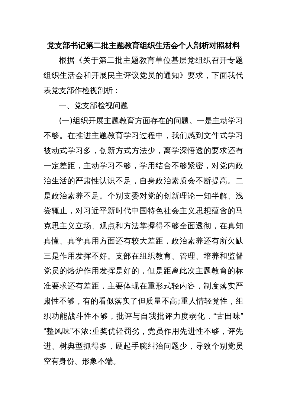 党支部书记第二批主题教育组织生活会个人剖析对照材料_第1页