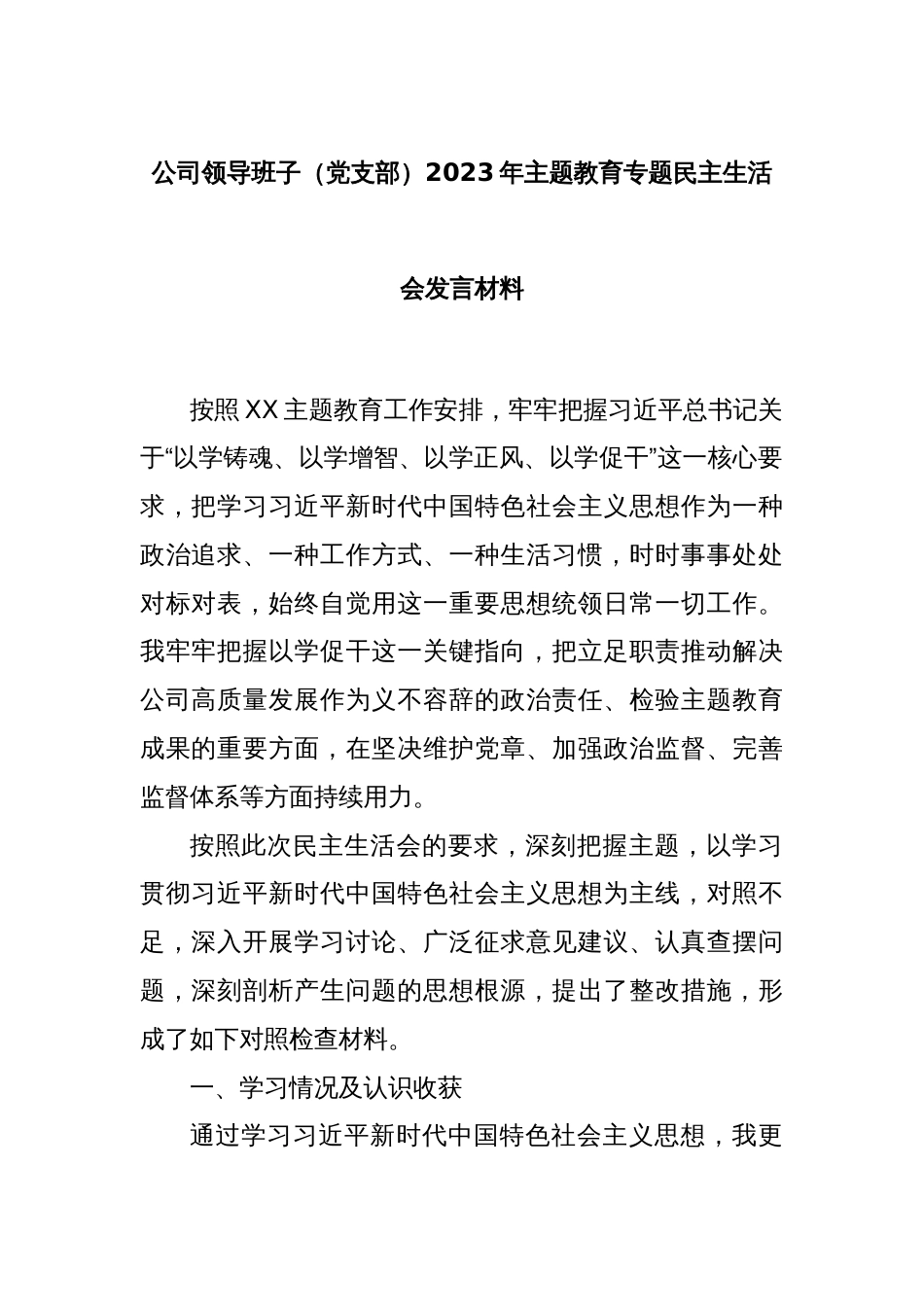 公司领导班子（党支部）2023年主题教育专题民主生活会发言材料_第1页