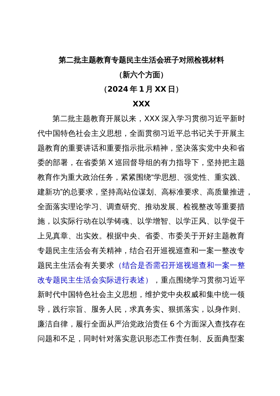 第二批主题教育专题民主生活会班子对照检视材料（新六个方面，通用版）_第1页