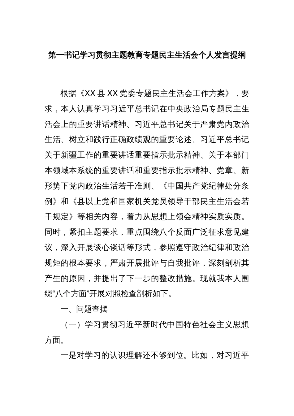 第一书记学习贯彻主题教育专题民主生活会个人发言提纲_第1页