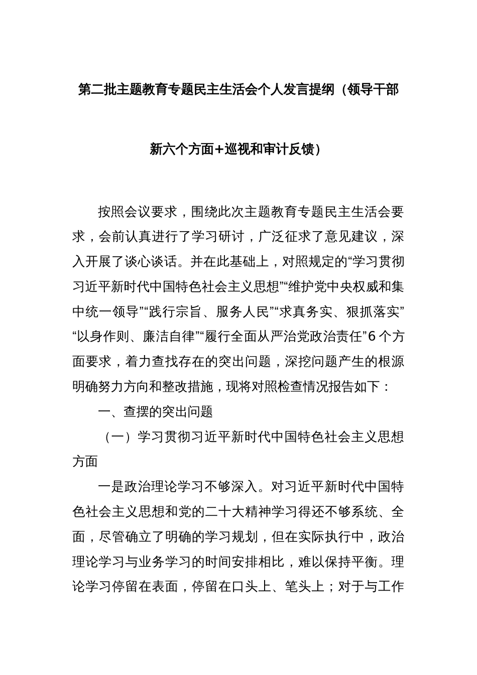 第二批主题教育专题民主生活会个人发言提纲（领导干部新六个方面+巡视和审计反馈）_第1页