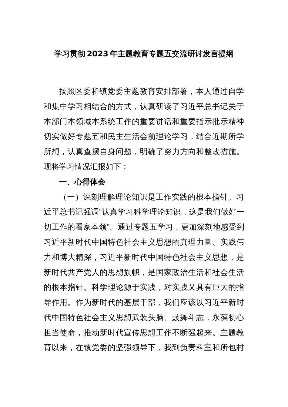 学习贯彻2023年主题教育专题五交流研讨发言提纲_第1页