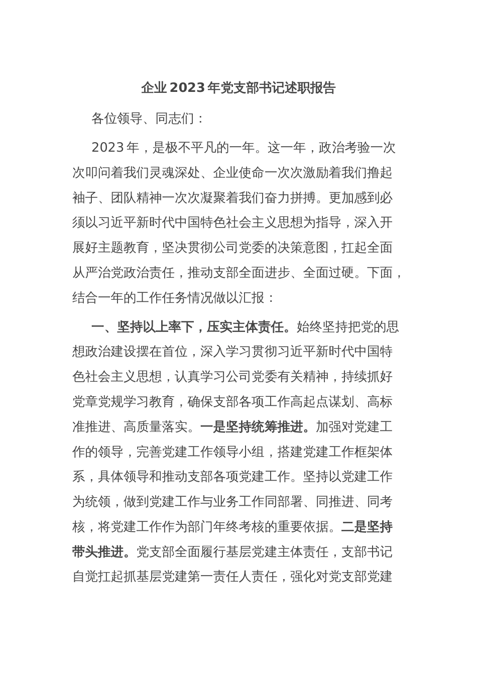 企业2023年党支部书记述职报告_第1页