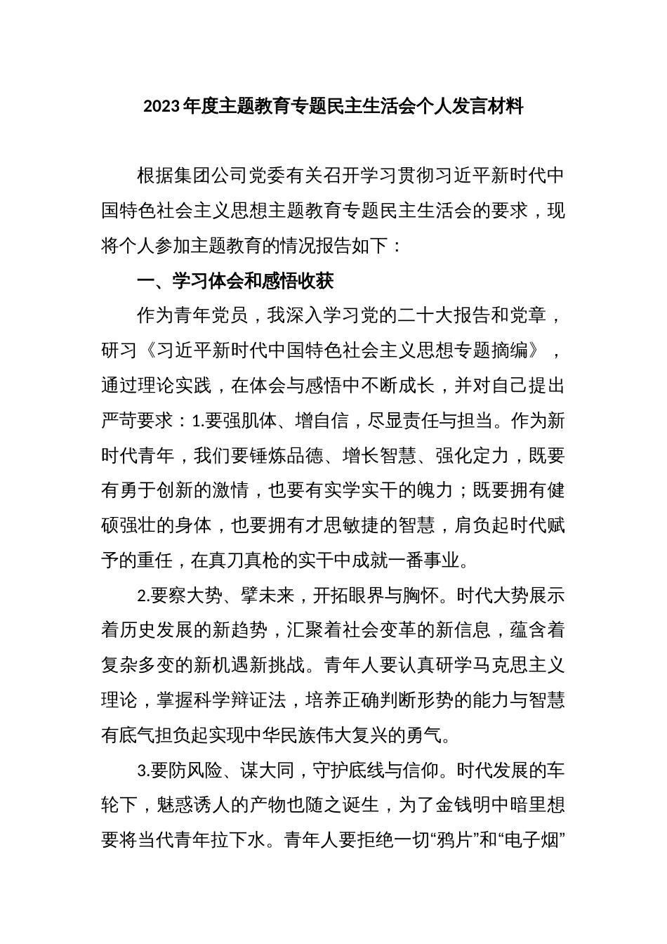 2023年度第二批主题教育专题民主生活会个人发言材料（青年党员新四个方面）_第1页